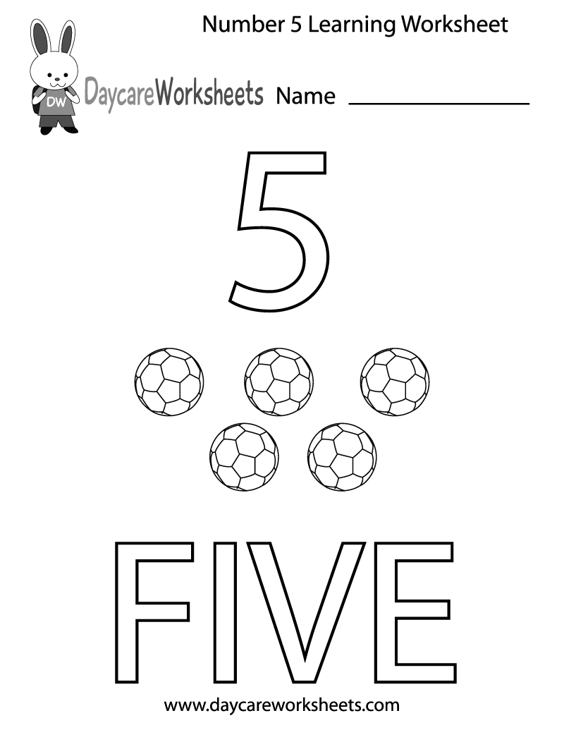 Free Preschool Number Five Learning Worksheet