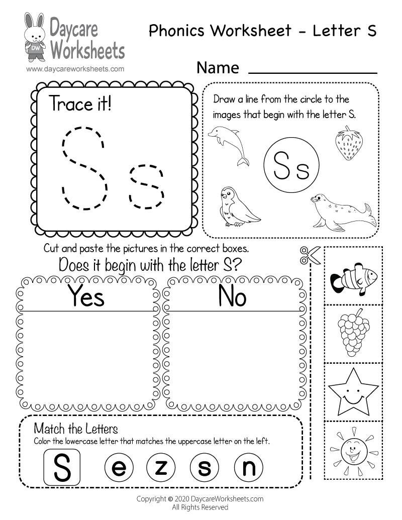 Free Beginning Sounds Letter S Phonics Worksheet For Preschool