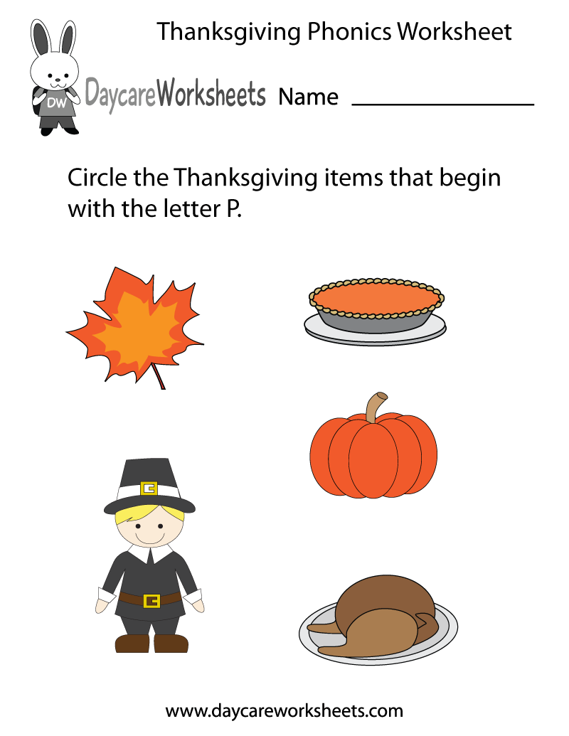 Free Printable Thanksgiving Phonics Worksheet for Preschool