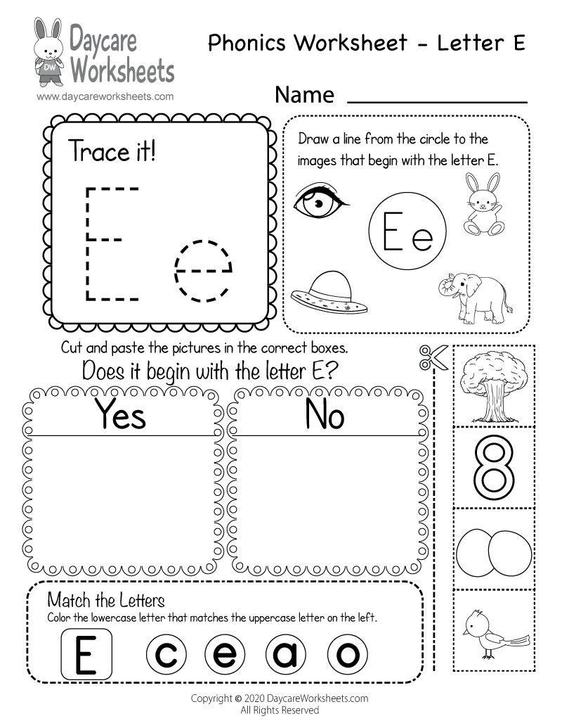 free letter e phonics worksheet for preschool beginning sounds