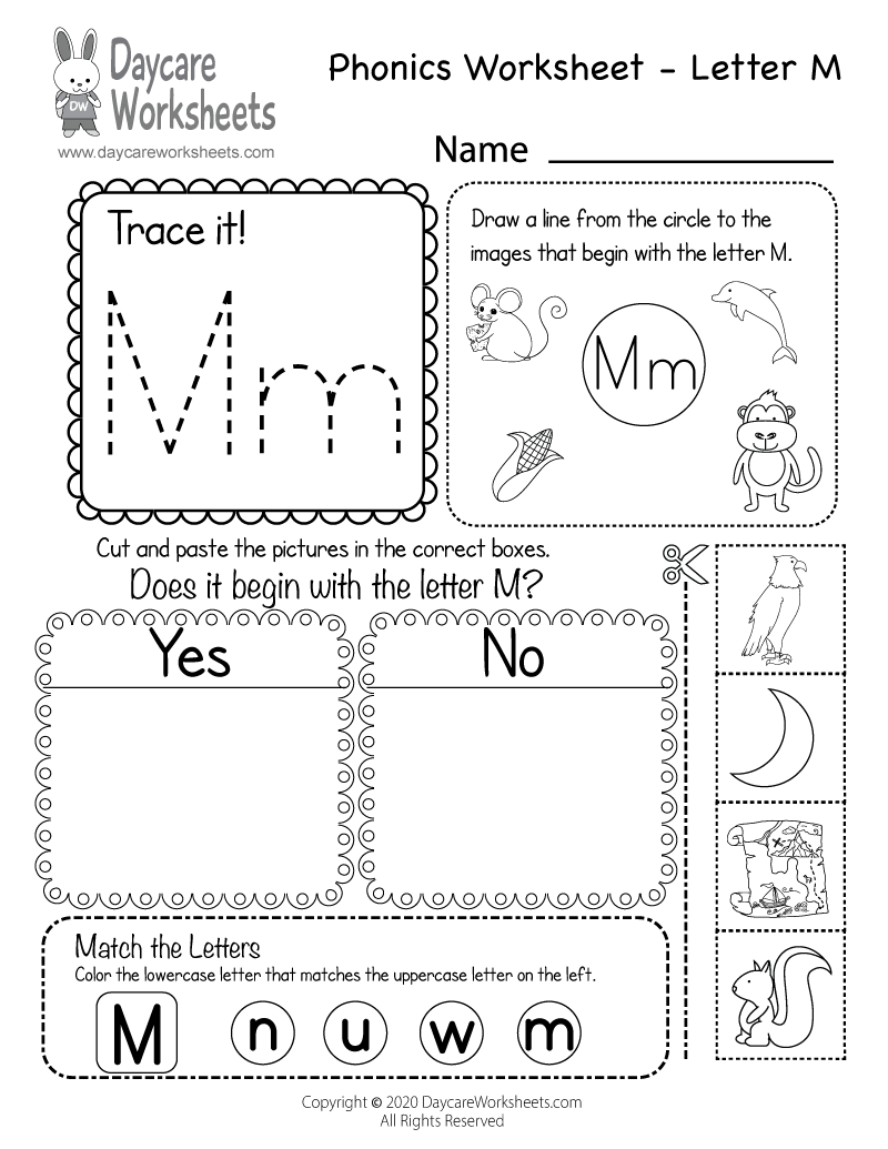 Free Printable Letter M Beginning Sounds Phonics Worksheet For Preschool