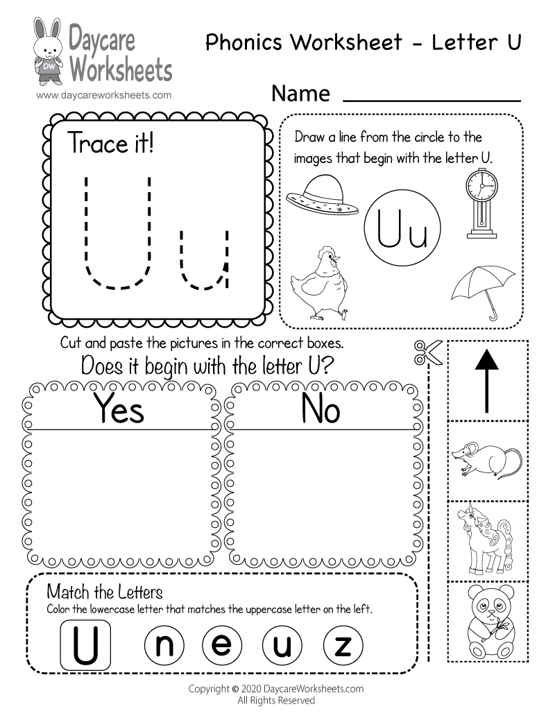 Free Printable Letter U Beginning Sounds Phonics Worksheet For Preschool