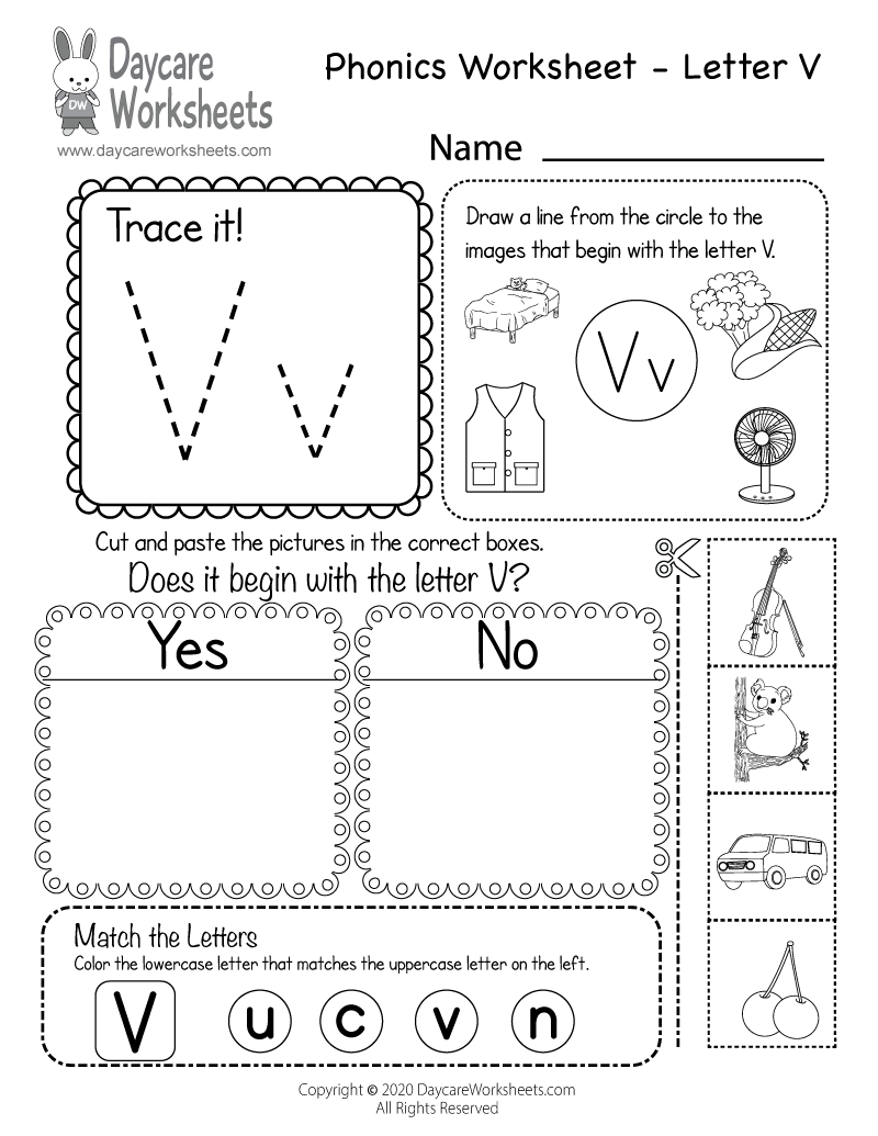 Free Printable Letter V Beginning Sounds Phonics Worksheet For Preschool