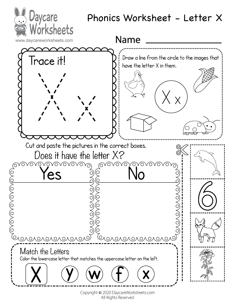 Free Beginning Sounds Letter X Phonics Worksheet for Preschool