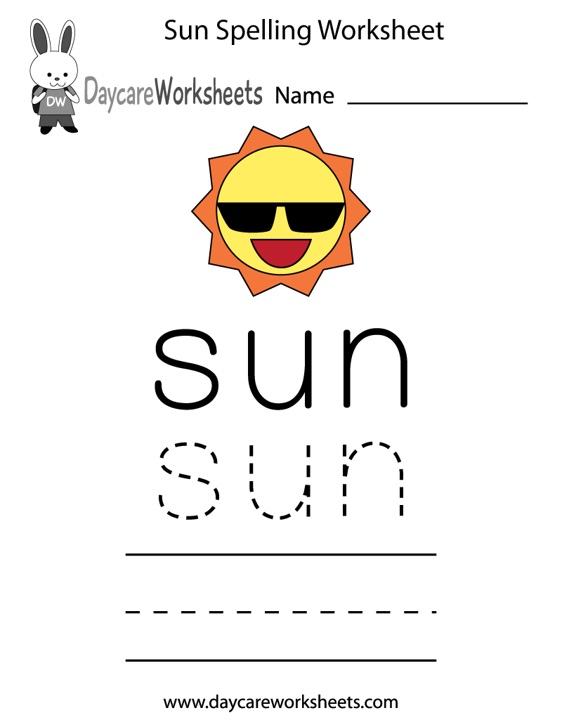 Free Preschool Sun Spelling Worksheet